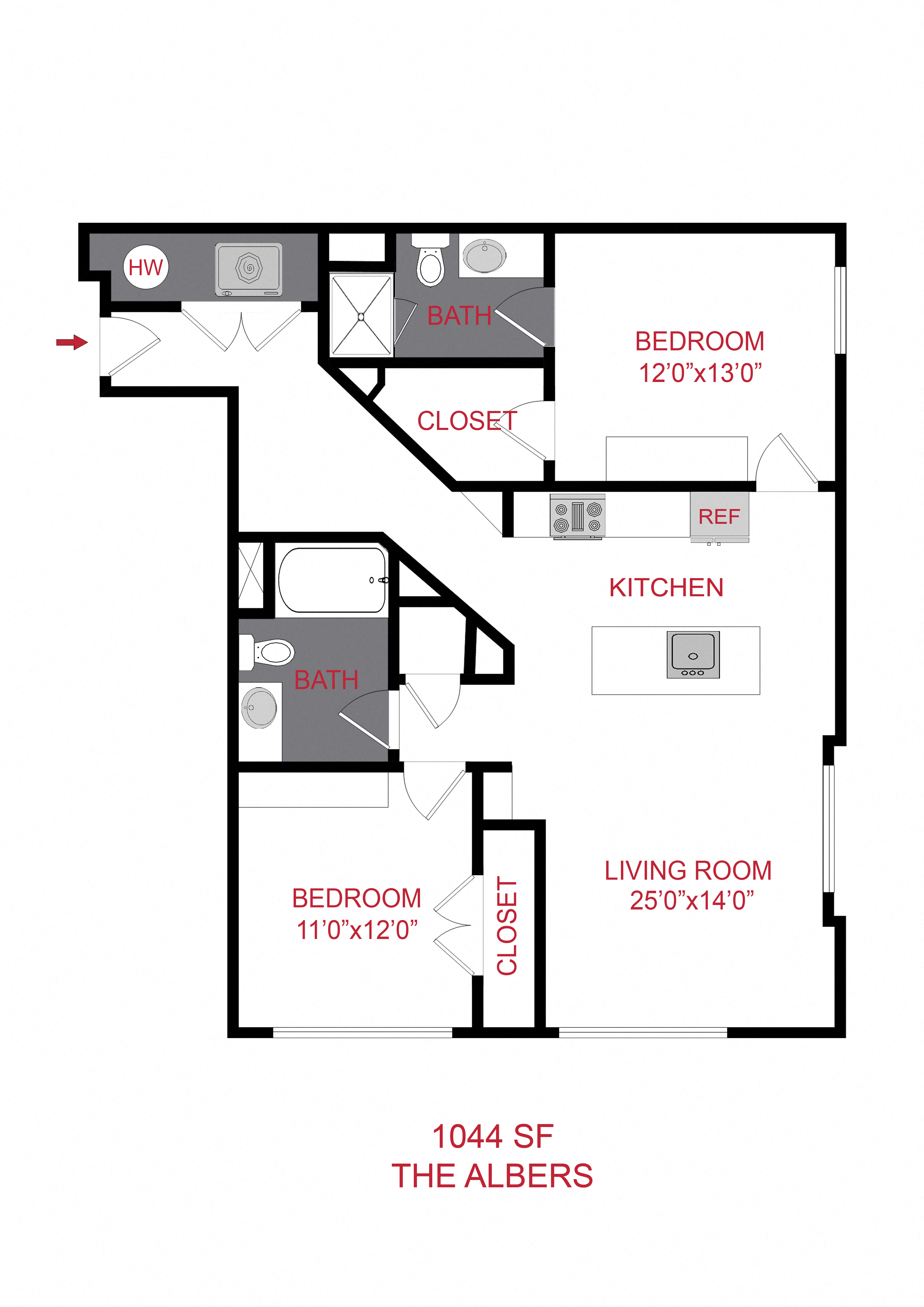 Floor plan for 2 beds, 2 baths, 1044 sqft